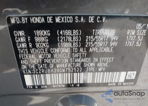 2016 Honda Hr-V Lx z USA, uszkodzony, nr VIN 3CZRU6H39GM752522